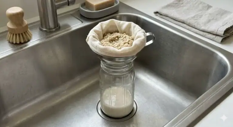 Havermeel in een zeef boven een glazen pot in de keuken.