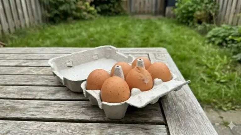 Eieren in een kartonnen eierdoos op een houten tafel in de tuin.