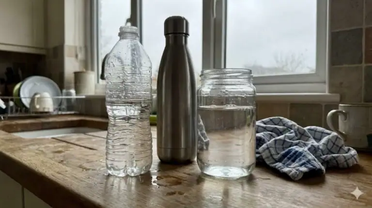 Plastic en glazen flessen en een thermosfles op een keukenblad.