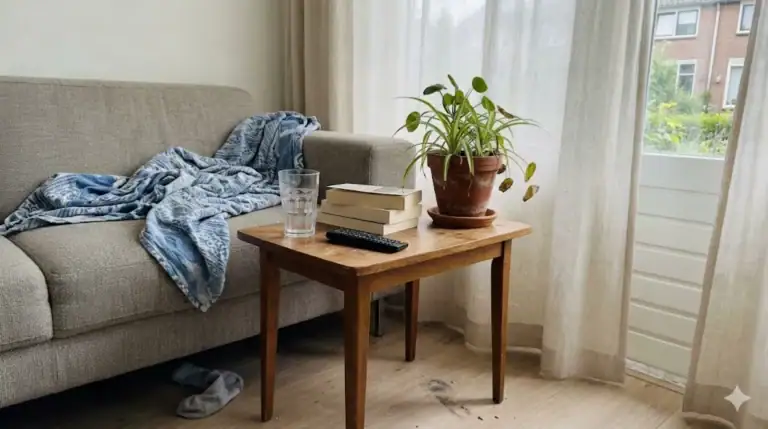 Gezellig woonkamer met natuurlijke lichtinval en groene plant.